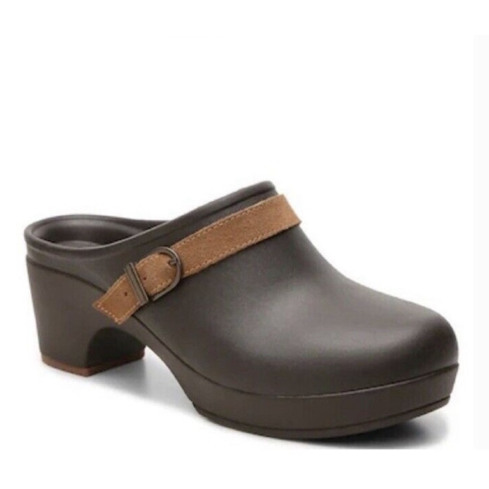 CROCS Women's Sarah Brown Leather Strap Slip On Heeled Clog Mules Size 7